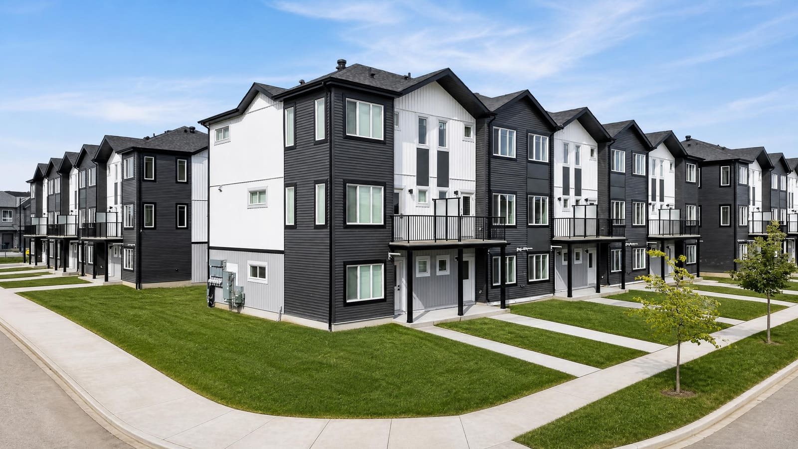 Streetscape of finished homes with walkways and lawns